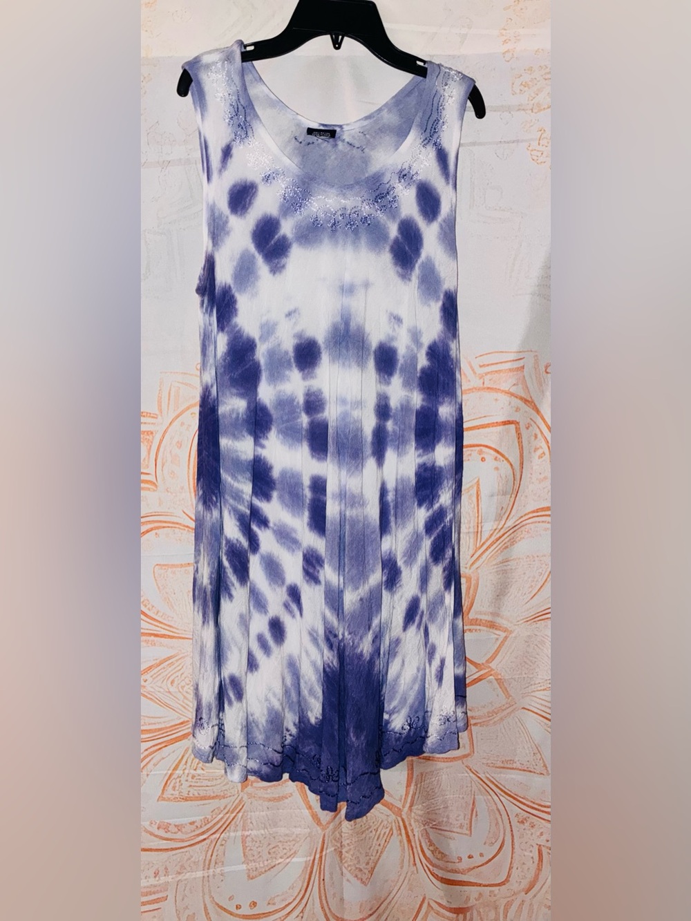 Advance Apparel’s Tie-Dye Maxi Dress, White and Purple w/ Embroidery at the Top